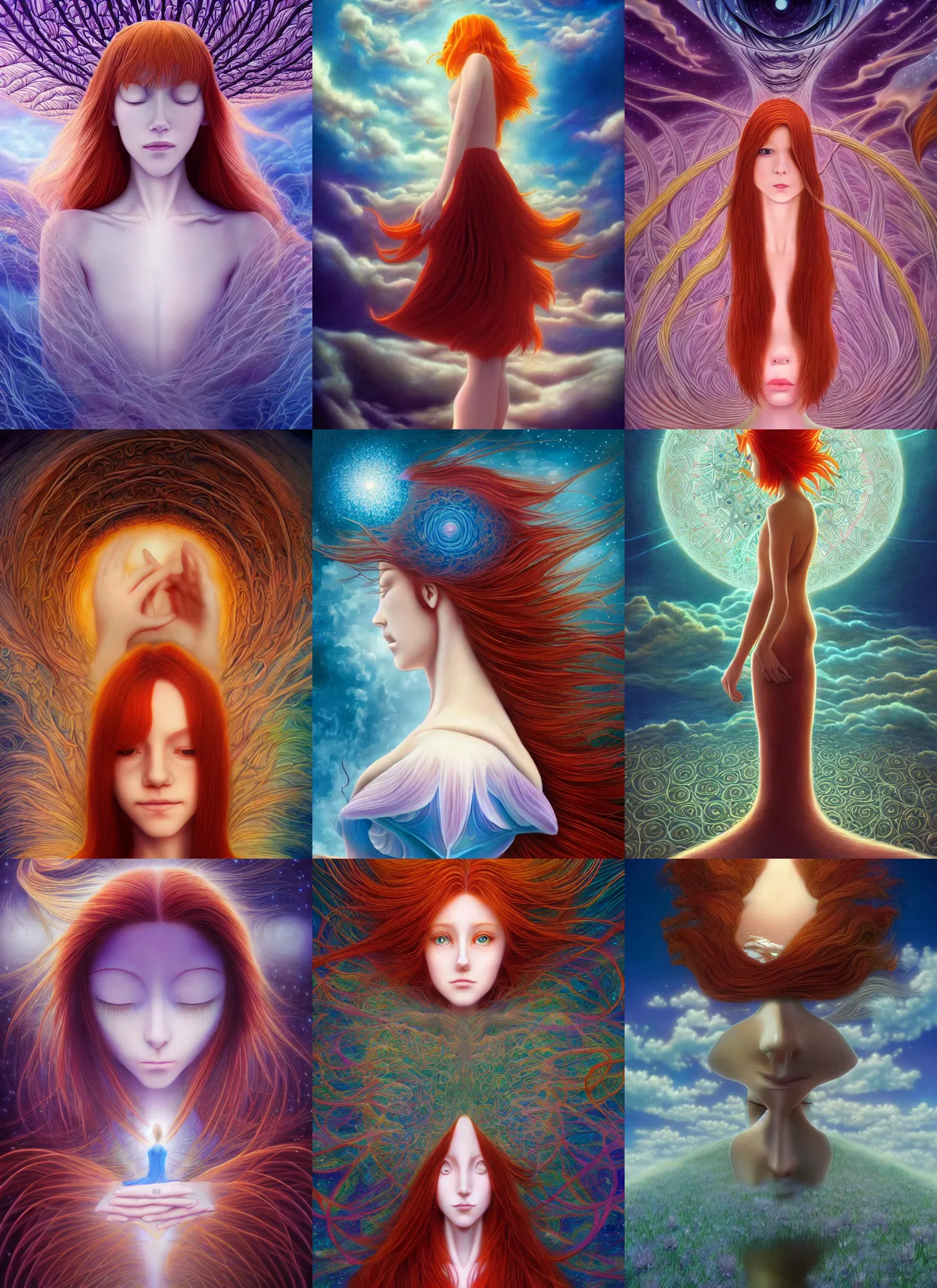 Prompt: a redhead woman falls into a dream within a dream within a dream within a dream within a dream, alex grey, salvador dali, fractal, surreal art, semi realistic anime, studio ghibli, makoto shinkai, award winning illustration, masterpiece, 4 k