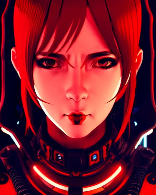 Image similar to a comic potrait of a cyberpunk cyborg girl with black and red parts, fine - face, realistic shaded perfect face, fine details. night setting. very anime style. realistic shaded lighting poster by ilya kuvshinov katsuhiro, unreal engine, global illumination, radiant light, detailed and intricate environment