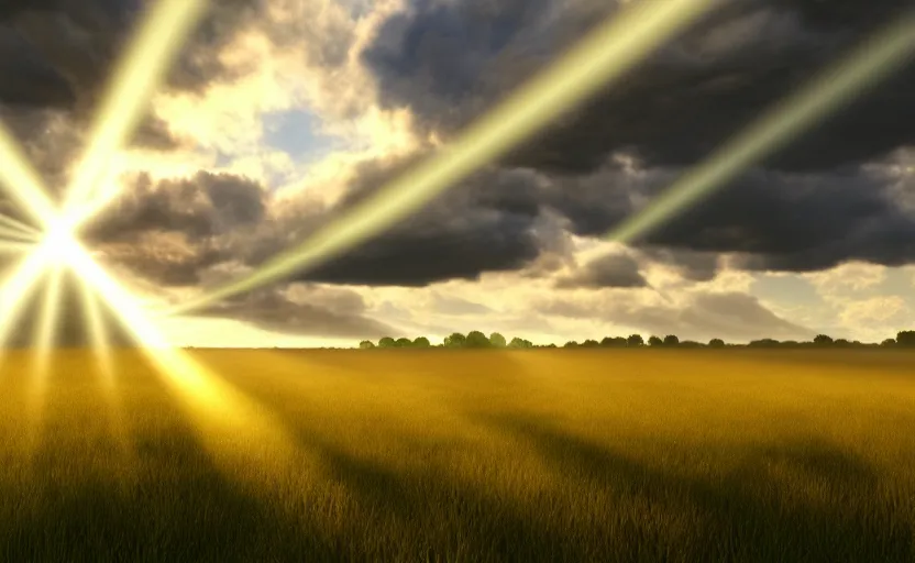 Prompt: a beautiful picture of good weather clouds over an idyllic meadow, bright god rays breaking through, intricate detail, sunrise, serene, hazy, volumetric lighting, volumetric clouds, 8 k, hyperrealistic, digital art trending on artstation