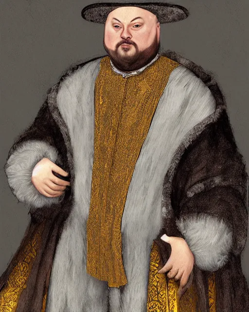 Image similar to fat gray cat with yellow eyes dressed like henry viii, tudor period menswear, greg rutkowski, royal portrait, painting