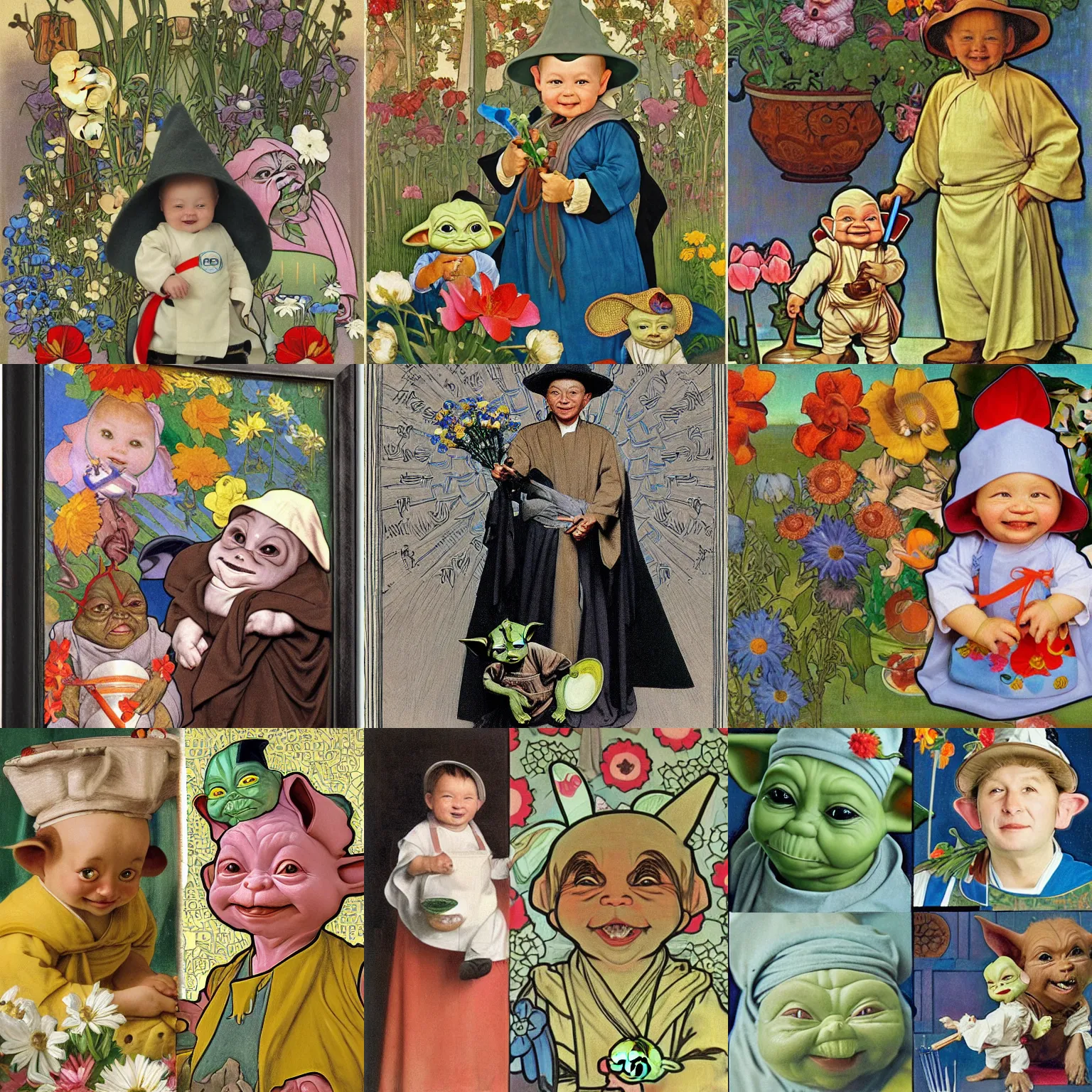 Prompt: smiling grogu, smiling babyyoda in an apron and chef's hat, star wars, jedi surrounded by flowers, by Jan van Eyck, by alphonse mucha