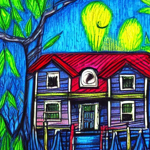 Prompt: pastels drawing of a haunted house, crazy colors, colorful, scary, cartoonish