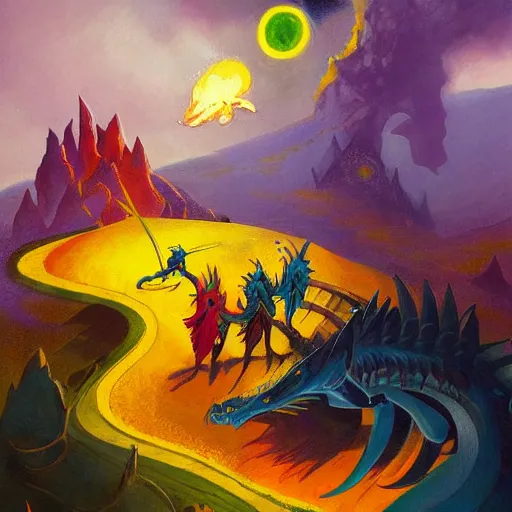 Prompt: A beautiful painting of a group of people fighting a dragon. warm yellow, Pexels, lavender by Anton Fadeev, by Brian Mashburn, by Claude Cahun