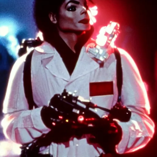 Image similar to stunning awe inspiring michael jackson as a ghostbuster in the movie ghostbusters, movie still 8 k hdr atmospheric lighting