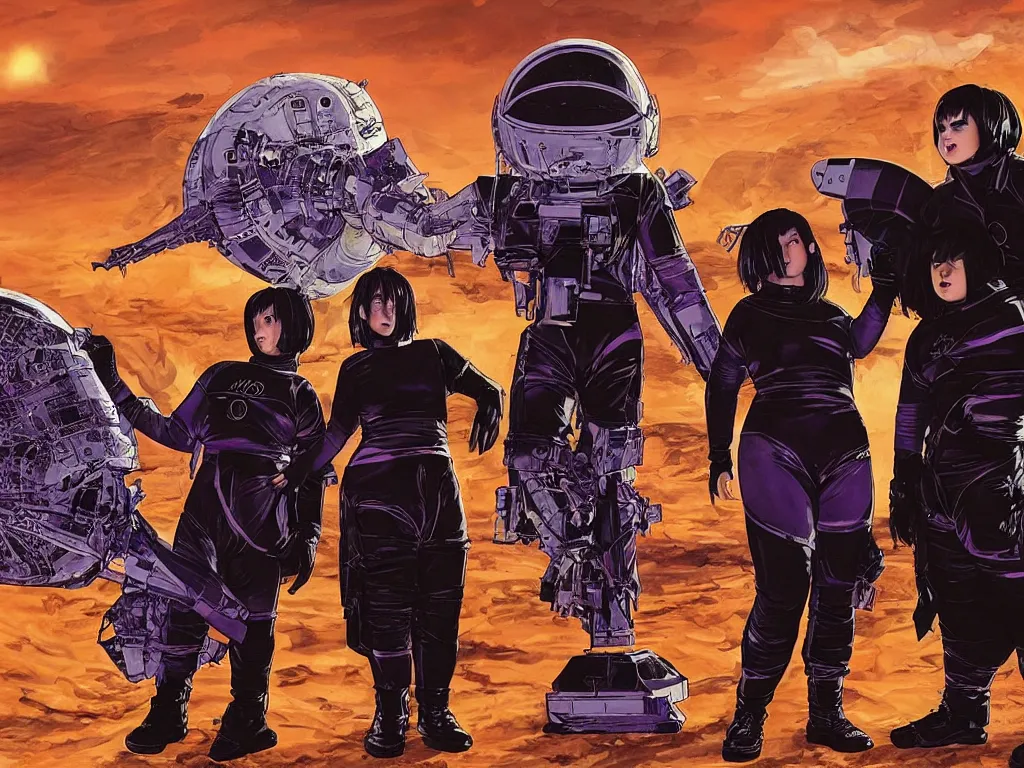 Prompt: two chubby teenagers with emo haircuts wearing gothy purple and black space spandex suits, standing next to smoking spacecraft wreckage, on the orange surface of mars, highly detailed, dramatic lighting, photorealistic, cinematic