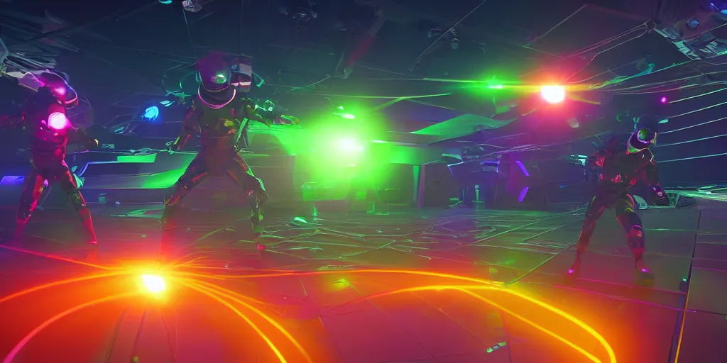 Prompt: futuristic spacemen firing lasers in zero gravity, skintight suits, floating, floating polygon shapes as obstacles, surrounded by a laser grid, unreal engine, lensflare, glow, bloom, neon