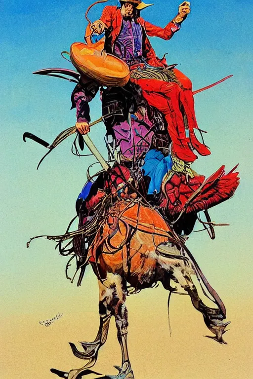 Image similar to tough cowboy riding an emu bird, scifi, art by jean giraud, moebius, juan gimenez, in watercolor gouache detailed paintings, in style of syd mead, colorful comics style, artstation