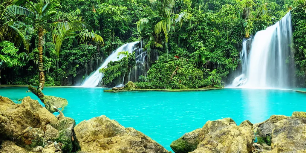 Image similar to of a tropical island with a majestic waterfall flowing into a clear pool of water, raining, fish swimming