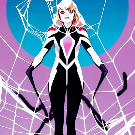 Image similar to Joshua Middleton comic cover art, cinematics lighting, pretty Emma Stone as Spider Gwen symmetrical face, Marvel comics, hanging from white web, playful smirk, city in background