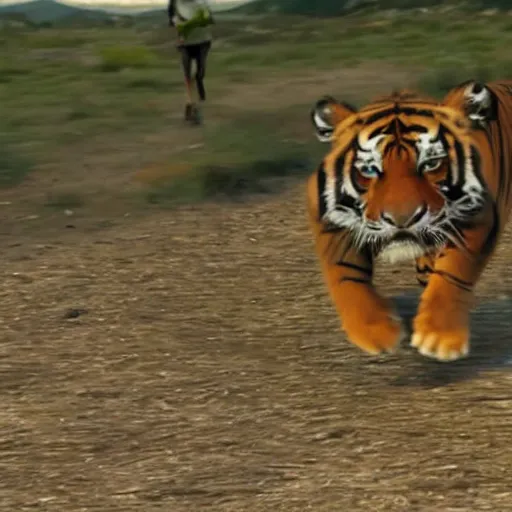 Image similar to screenshot of go pro footage emma watson running in front of tiger