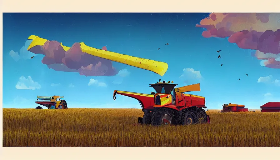 Prompt: colourful sky, wheat field, combine harvester, big trees, matte painting, art station, digital art, simon stalenhag