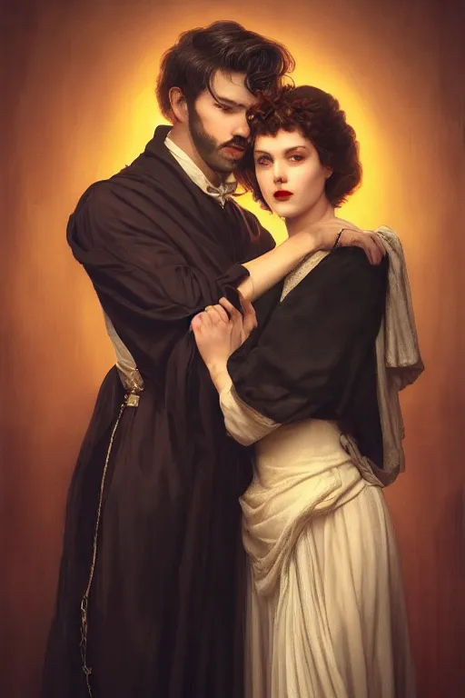 Image similar to a portrait of handsome young evil male Satan and his elegant beautiful wife, bored, illustration, dramatic lighting, soft details, painting oil on canvas, art deco, octane render, HDR, 4k, 8k, HD, by Edmund Blair Leighton, Brom, Charlie Bowater, trending on artstation, faces by Tom Bagshaw, Sargent