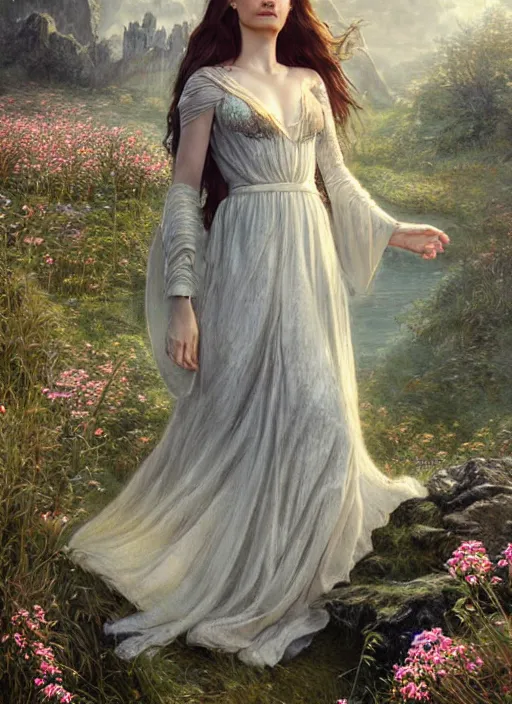 Prompt: a beautiful women with wings of lace in a lord of the rings scenery landscape, symmetrical body, face by artgerm, river, tall flowers, sunny day, highly detailed, perfect lighting, perfect composition, 4 k, by alan lee, by derek zabrocki, by greg rutkowski, by alphonse mucha