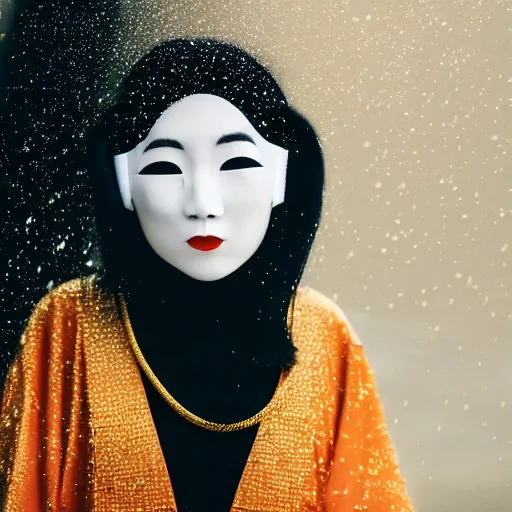 Prompt: japanese female black balaclava mask with golden necklace and open kimono, photo portrait, beautiful female model, tokyosky, female sitting on skyscreapper, rain, city neon light, bokeh, long exposure, kodak promax 4 0 0, sony lens, golden fractals and dmt