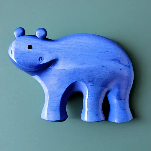 Prompt: expertly crafted etsy kids wooden hippopotamus expertly fused with blue epoxy. part of the hippo is made of blue epoxy. with a white photographers background.
