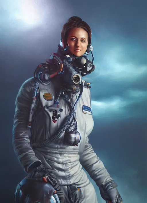 Prompt: full body concept art airbrushed painting of a female pilot, airbrushed painting, stunning, featured on artstation, cinematic lighting, hyperdetailed, cgsociety, 8k, dramatic, dark atmosphere, alluring