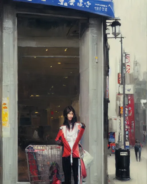 Prompt: a ultradetailed beautiful panting of a stylish woman standing next to a convenience store, she is wearing streetwear, highly detailed face, oil painting, by ruan jia