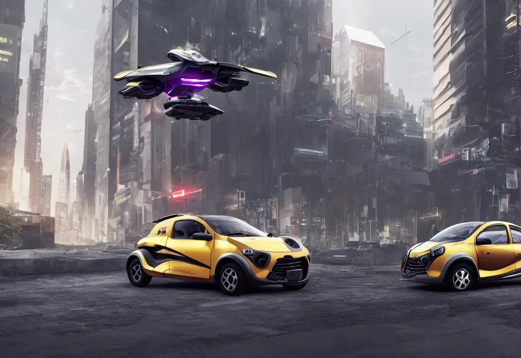 Image similar to octane render of new cyberpunk flying hover version of Renault sandero from 2077 in the city of future