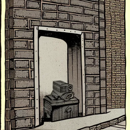 Prompt: book illustration of a hidden alcove built into the bricks on the side of the safe house. from within it, a crewmember could watch the street for signs of danger.