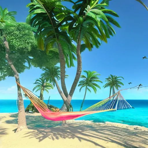 Prompt: laguna. clear blue water. sun shine. colourful birds. paradise. beach. palm trees. a hammock, 8 k, epic scene, scifi, unreal engine, trending on cg station. masterpiece.