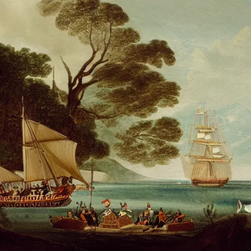 Prompt: Capitain Cook arriving in the bay of islands on the HMS Endeavour amongst dense New Zealand coastal forest, 1769 New Zealand, in the style of a Charles Emilius Gold watercolor