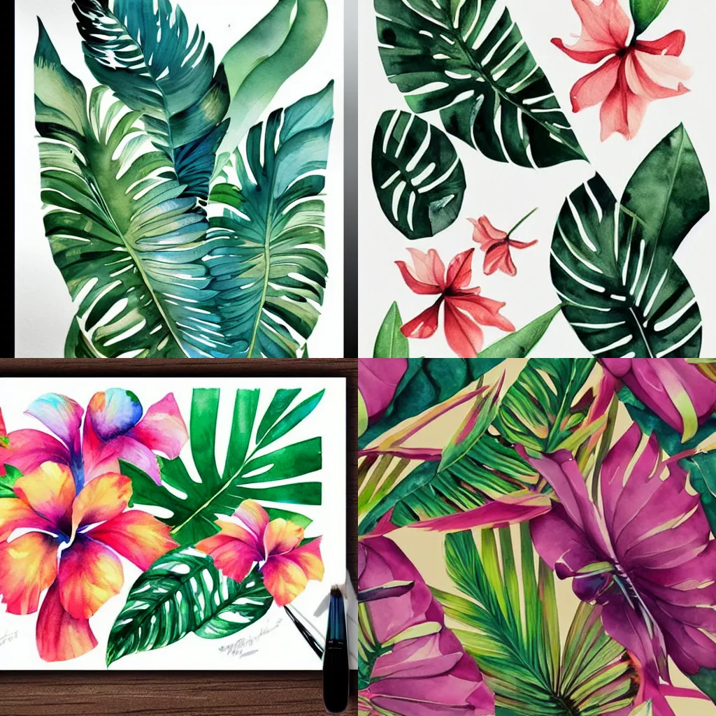 Prompt: watercolor artwork of exotic, elegant tropical prints, trending on artstation