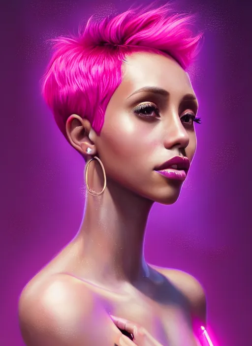 Image similar to portrait of vanessa morgan with bright pink hair, curly pixie cut hair, wearing a purple breton cap, breton cap, hoop earrings, intricate, elegant, glowing lights, highly detailed, digital painting, artstation, concept art, smooth, sharp focus, illustration, art by wlop, mars ravelo and greg rutkowski