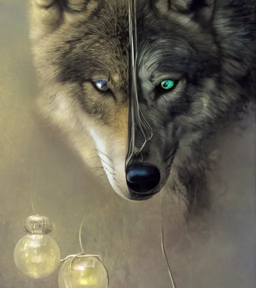 Image similar to wolf hyperrealistic portrait, surrounded by silver wires, dripping moonstone and white nightshade flowers, moonlit, cool toned, by jeremy mann and alphonse mucha, fantasy art, photo realistic, dynamic lighting, artstation, poster, volumetric lighting, dramatic light, very detailed faces, 8 k, award winning