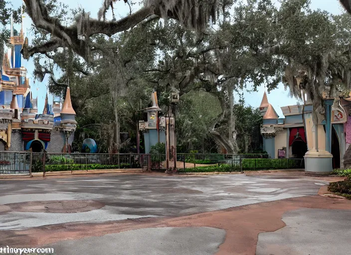 Image similar to cinematic shot of the outside of the Disney world park, shut down, abandoned, Florida, out of business, castle is falling apart, got shut down, kids place, liminal spaces, backrooms, empty, overgrown, Disney world, Disney land, theme park, roller coasters, Disney