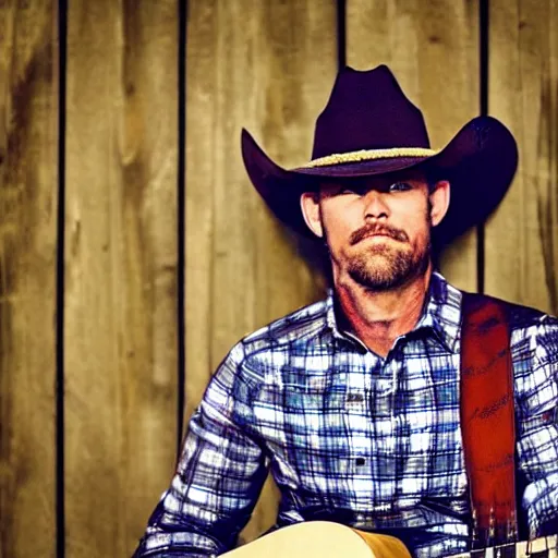 Prompt: a fox animal, wearing cowboy hat, wearing plaid shirt, playing guitar, in barn, album cover style