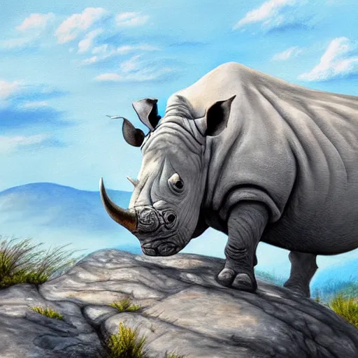 Image similar to a dreamy white rhinoceros posing triumphantly on a craggy rock outcropping at glorious sunrise, highly detailed, painted by sam nielson
