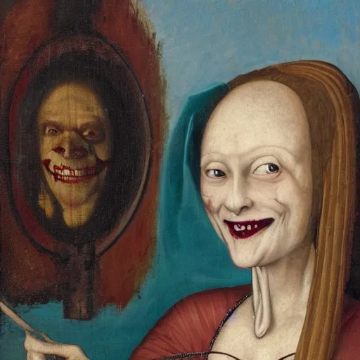 Image similar to an oil painting of an extremely ugly pale vampire woman smiling with skin condition in expensive renaissance dress, Renaissance painting, Renaissance Port City background, vampire teeth, 1450, holding paper fan