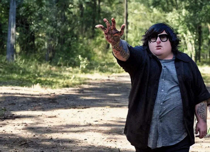 Prompt: film still of andy milonakis in the new walking dead tv series, 4 k