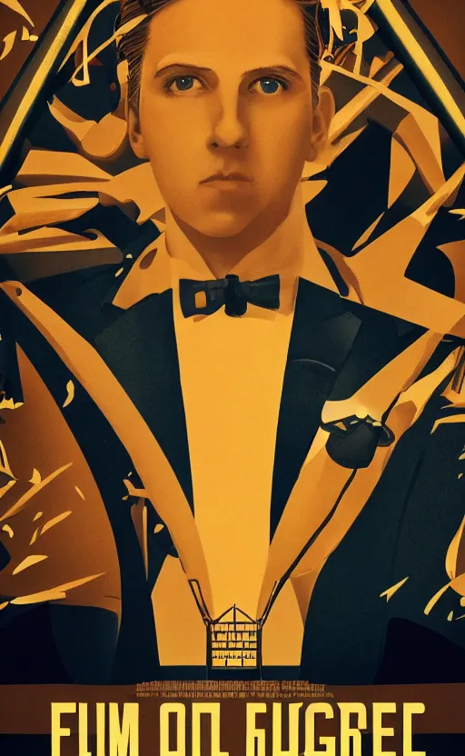Image similar to film poster. a young man in a suit. the halls and foyer of a grand old art deco hotel. the hotel's eclectic guests. film poster. wes anderson. golden light. collage. photorealistic. trending on artstation. textless.