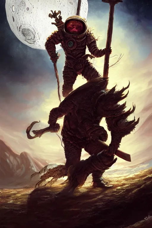 Prompt: Giant with an axe walking on the moon, fantasy, intricate, highly detailed, digital painting, HQ, trending on artstation, illustration, Magic the Gathering artwork