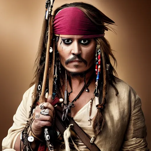 Image similar to johnny depp as jack sparrow, parrot on the shoulder, realistic portrait, 8k resolution, hyper detailed, studio lighting, cinematic