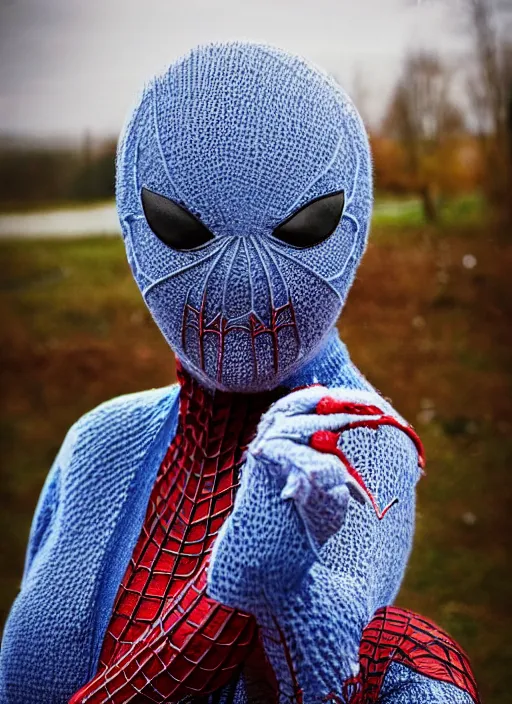 Image similar to stunning dslr photograph of ( ( ( ( granny spiderman ) ) ) ) in rural russia town, knitted suit, closeup, dynamic pose, closeup, aperture 1. 2