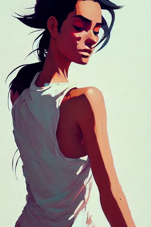 Image similar to a ultradetailed beautiful painting of a stylish woman with a white tank top, by conrad roset, greg rutkowski and makoto shinkai trending on artstation