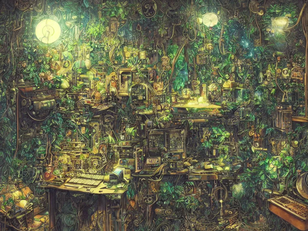 Prompt: Small desk at night with many synthesizers desklamp inside a steampunk machine room with lush vegetation growing around the machines, tropical trees, large leaves, flowers, beautiful starry night sky through the windows, beatifully lit, colorful, vivid colors, very detailed painting, hyperrealism, magical, vintage science fiction illustration, Studio Ghibli, Rebecca Guay