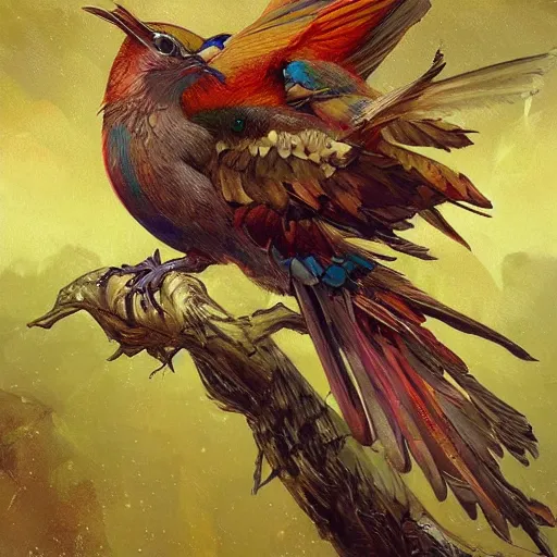 Image similar to close up of colorful bird, golden crown, dark, rusty, fantasy forest, highly detailed, realistic, artstation, concept art, smooth, sharp focus, illustration, art by artgerm and greg rutkowski and alphonse mucha