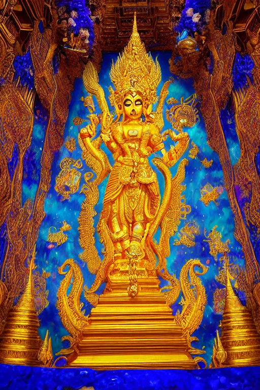 Prompt: a blue hindu goddess angel entity in a golden hyperspace dmt room with thailand temple architecture