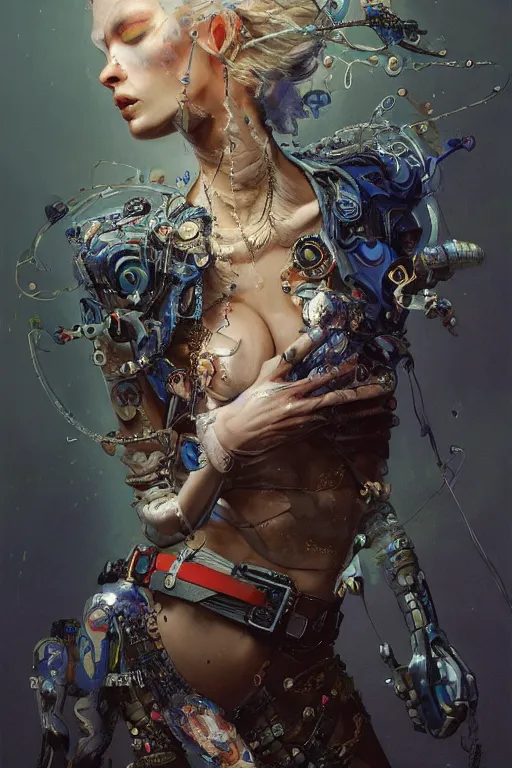 Image similar to an epic non - binary model, subject wearing a belt made out of computer mice, flowing, ornate, beautiful, intricate, muted tonal colors, with few ultramarine highlights, by jeremy mann and ilya kuvshinov, jamie hewlett and ayami kojima, trending on artstation, bold 2 d