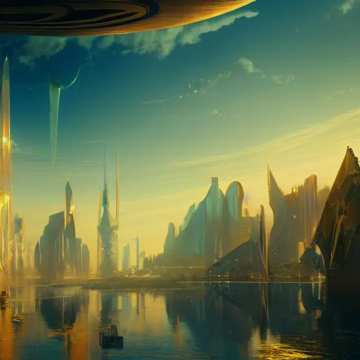 Image similar to a golden fantasy sci fi luxurious city with cerulean oceansides by albert bierstadt, scandinavian / norse influenced, cinematic, ray traced, octane render, cinematic lighting, ultrarealistic, featured on artstation, 8 k uhd artwork