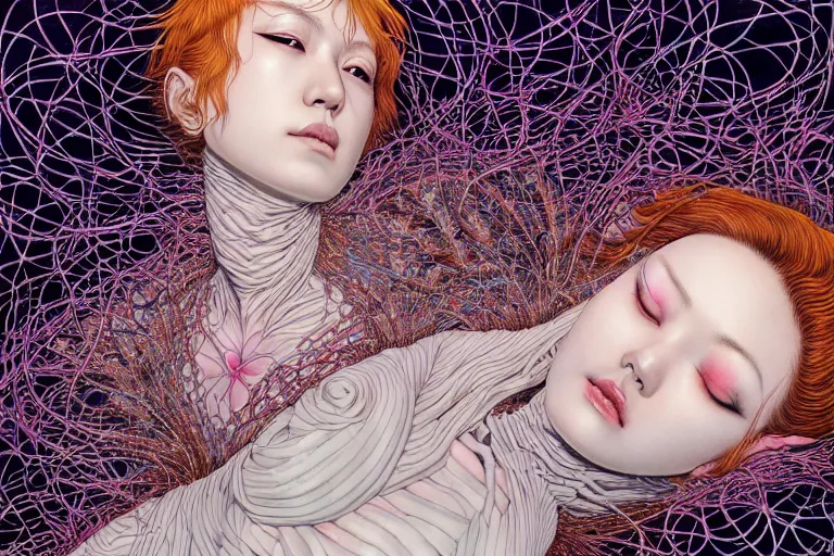 Image similar to realistic detailed image of a woman in a stray jacket laying in a padded room, conjuring psychedelic background, part by takato yamamoto, part by alex gray, ross tran, james jean, ultra realistic, octane render, highly detailed, very cohesive, 8 k, trending on artstation, cosmic, masterpiece