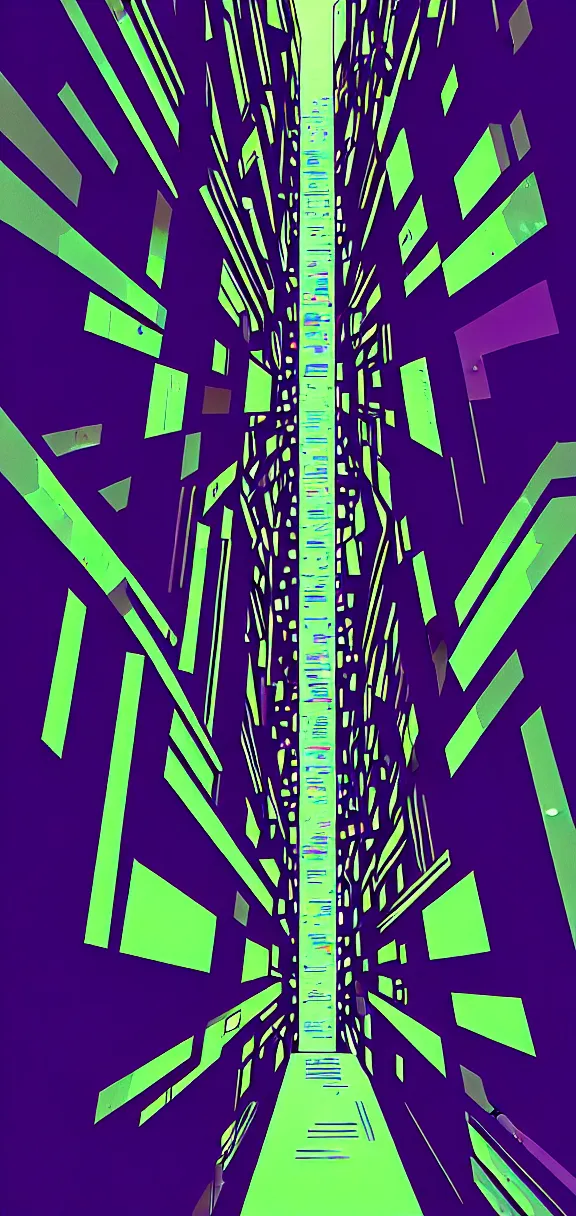 Image similar to post - minimalism, cyberpunk, abstract, slight cubism influence, bladerunner alley, iridescent, comic