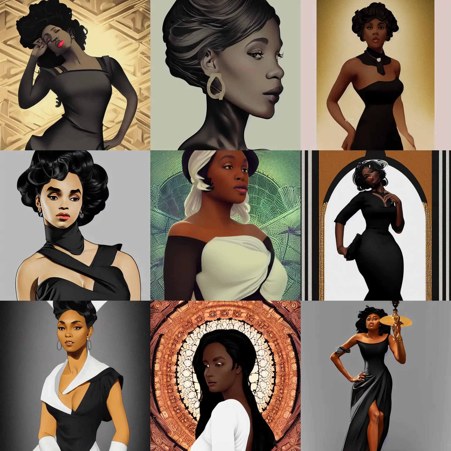 Prompt: beautiful black woman in a black cutout dress with white trim, as seen on artgerm, octane render, in the style of alphonse mucha, ultra realistic, highly detailed, 8 k