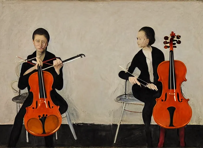 Image similar to portrait of two young nervous violin players getting ready to perform, half figure front, vincent lefevre and pat steir and hilma af klint, psychological, photorealistic, symmetrical faces, intriguing eyes, dripping paint, washy brush, rendered in octane, altermodern, masterpiece