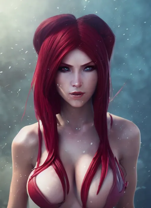 Prompt: katarina, from league of legends, au naturel, hyper detailed, digital art, trending in artstation, cinematic lighting, redhead, studio quality, smooth render, fluorescent skin, unreal engine 5 rendered, octane rendered, art style by klimt and nixeu and ian sprigger and wlop and krenz cushart