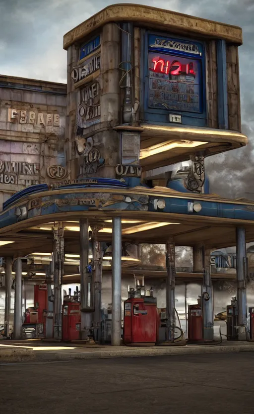 Image similar to steampunk gas station, 4 k, polished, photorealistic, hard edges, zoomed in, very coherent, sharp focus, rim light, exquisite lighting, blue gradient, hard edges, sci - fi, cinematic, octane render