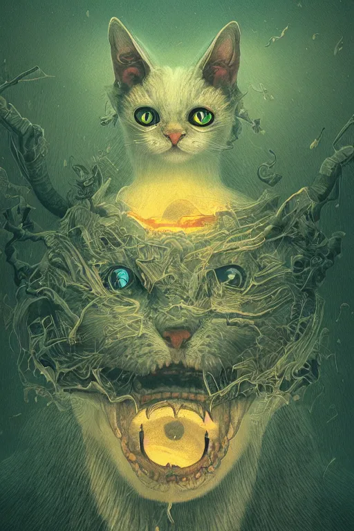 Image similar to demon cat. art by mike winkelmann, sticker, illustration, highly detailed,